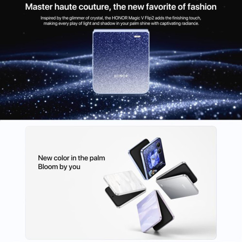 Honor Magic V Flip2, 12 Go + 256 Go, 6,82 pouces + 4,0 pouces, MagicOS 9.0.1, Android 15, Snapdragon 8 Gen 3 Octa Core, Réseau : 5G, NFC, OTG (Gris) SH841H321-021